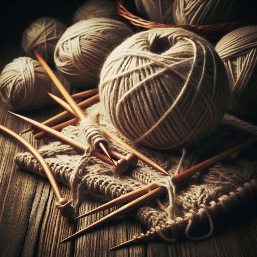A ball of wool, wooden knitting needles and knitting AI image
