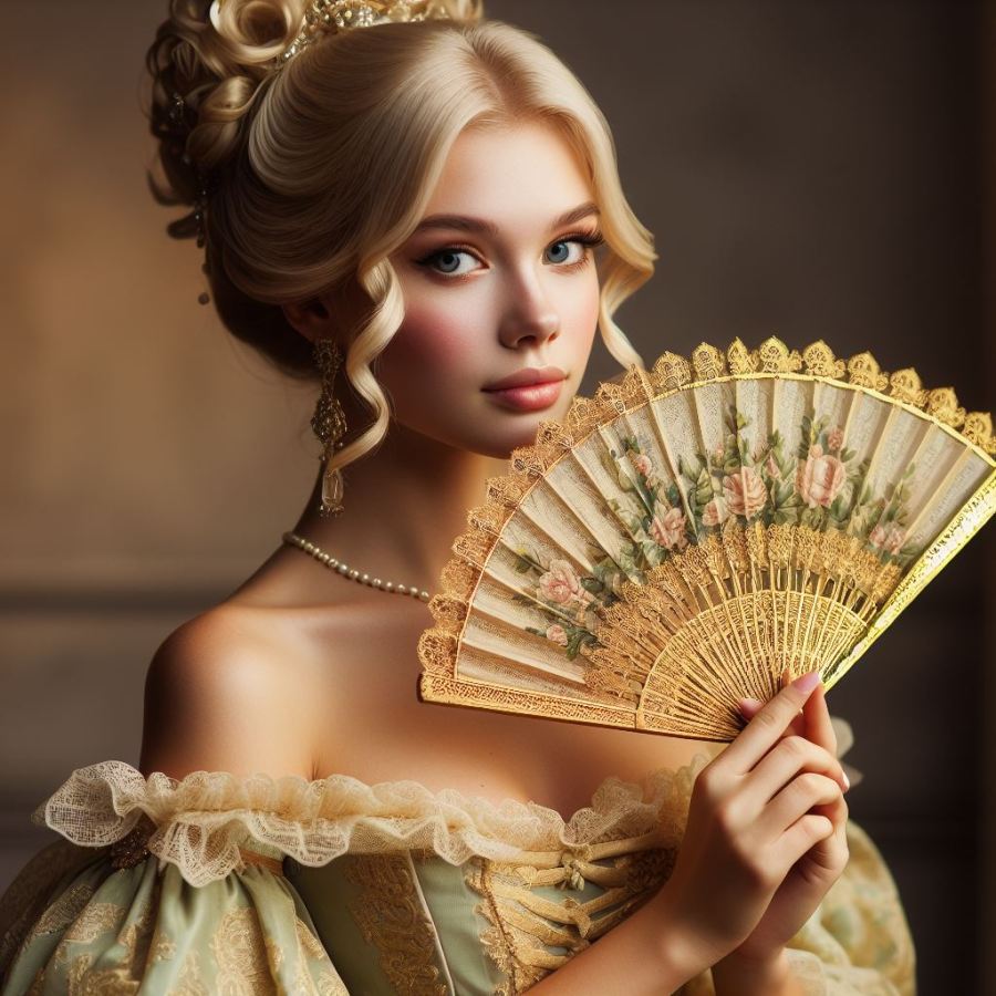 A pretty blonde young woman in an old-style ballgown, holding an ornate evening fan in gold and pale green AI image