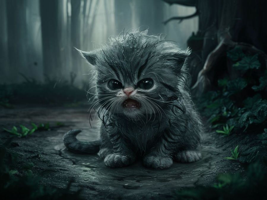 bedraggled angry wet kitten with grey fur in a forest AI image