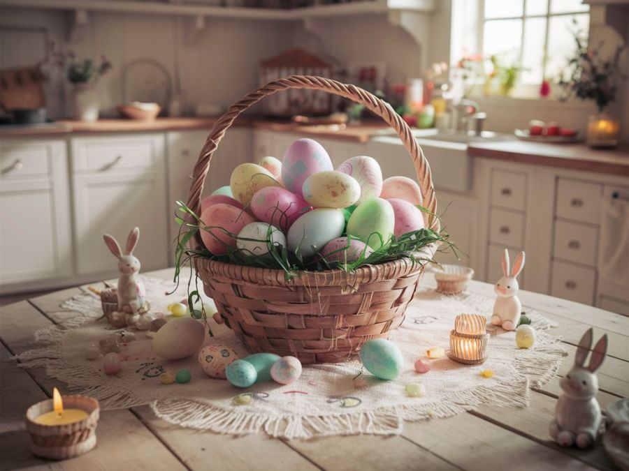 Easter eggs in a basket on a kitchen table AI image