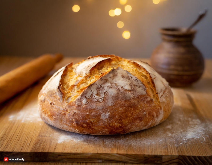 A fresh loaf of home-made sourdough bread with a soft golden glow around it AI image