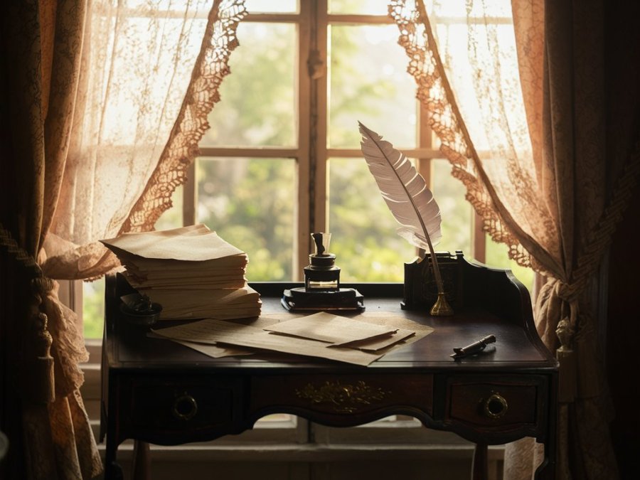 old fashioned lady's desk with paper, quill and inkstand AI image