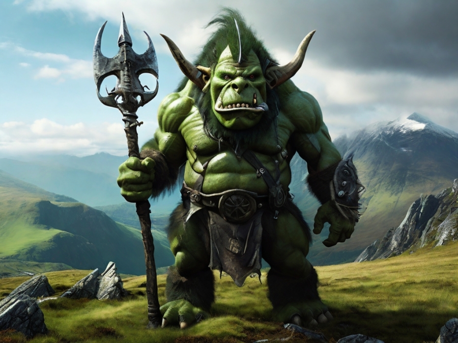 fantasy picture of a large green troll with a club, wearing a metal helmet and glaring, with mountains and highland heath in the background AI image
