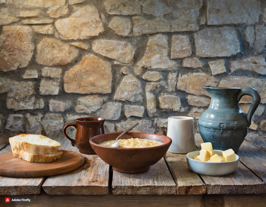 old style image of a wooden table with a warm yellow stone wall behind it set with a bowl of porridge, a jug and mug of water and a plate with bread and cheese on it AI image